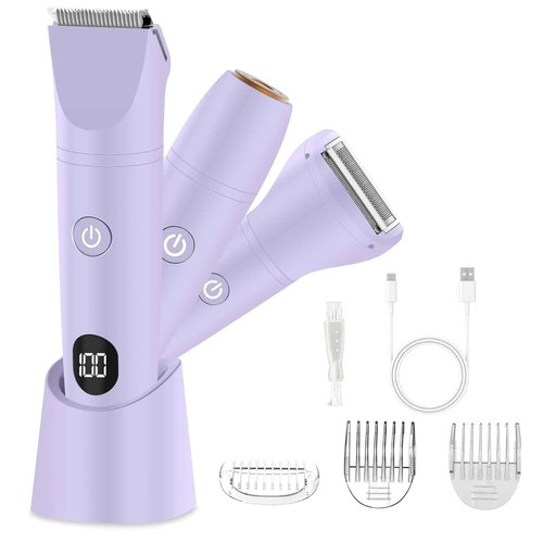 Bikini Trimmer for Women, Electric Razor for Pubic Hair 3-in-1, Bikini Shaver for Legs Body Hair, Womens Electric Razor IPX6 Waterproof, Gifts for Women,Purple