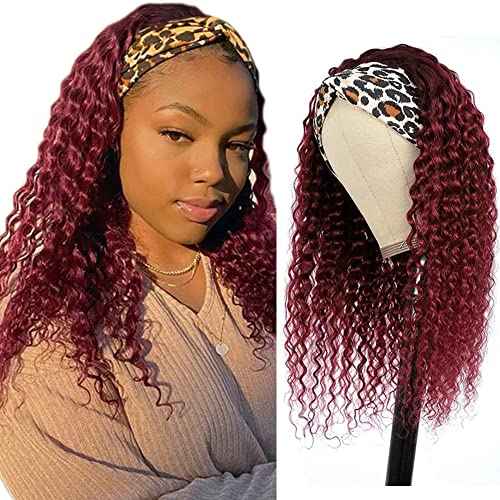 Ombre 1B99J Deep Wave Headband Wig Burgundy Human Hair Headband Wig 130% Density Grade 8A Brazilian Remy Hair Machine Made Wigs Wine Red Color 22 Inch