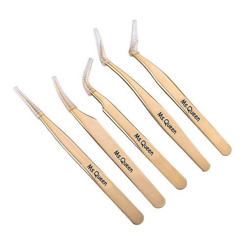 Ms.Queen Eyelash Extension Tweezers-Precision Tweezers for 2D-6D Volume&Individual False Lashes Extensions-Golden-5pcs Tweezers Set