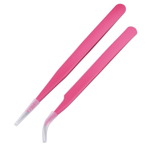 Hotop 2 Pieces Straight and Curved Tip Tweezers Eyelash Extension Tweezers, Stainless Steel False Lash Application Tools (Pink)