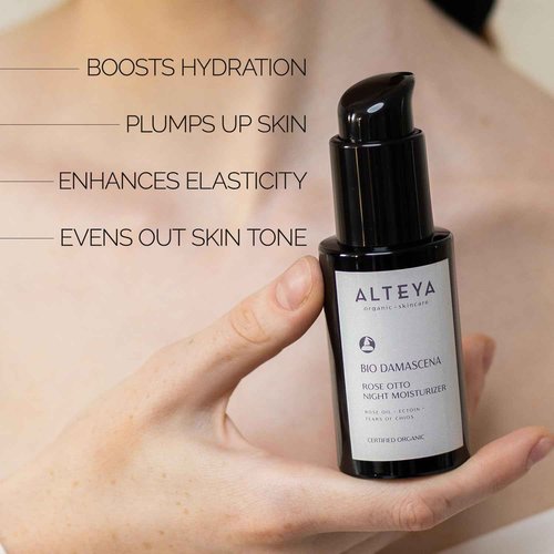 Alteya Organics Night Moisturizer Certified Organic Skin Care 1.7 Fl Oz/50 mL Bio Damascena Award-Winning Face Cream With Organic Bulgarian Rose Oil Hydrating, Toning and Rejuvenating