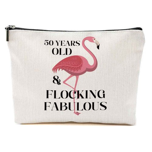 BQXH 50th Birthday Gifts for Her, Gifts for 50th Birthday Woman, Flamingo Gifts Funny Makeup Bag, 50 Year Old Gifts for Women Grandma Mom, Turning 50 Cosmetic Bag, Flamingo Lover Gifts Toiletry Bag