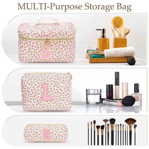 DOSUKE 3 PCS Travel Makeup Bag Set,A-Z Initials Cotton Make up Bag Floral Quilted Cosmetic Bag for Girls and Women,Personalized Christmas Gifts,Cute Toiletry Travel Accessories Brushes Bags-K