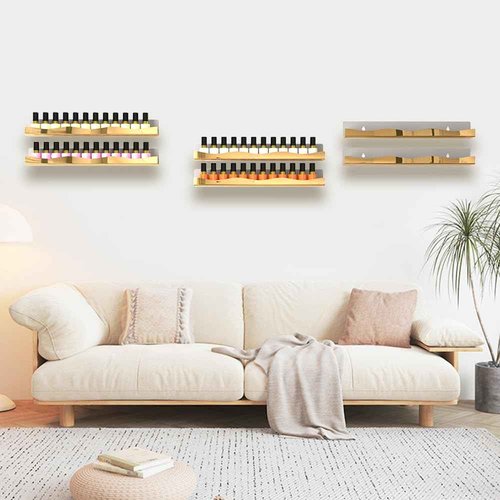 YMVV Mirror Gold Acrylic Nail Polish Rack, 15 Inch Wall Mounted Shelf Nail Polish Shelf, Sunglasses Essential Oil Storage Display Rack 6 Pack
