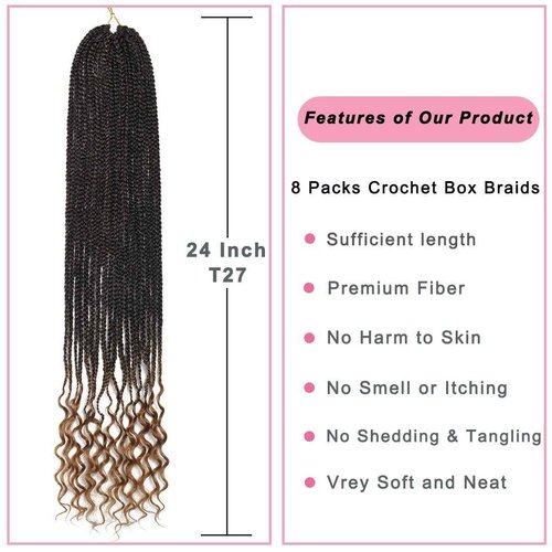 144 Strands Goddess Crochet Box Braids with Curly Ends 24 Inch Pre Looped Box Braids Crochet Hair 8 Packs Curly Crochet Braids for Black Women