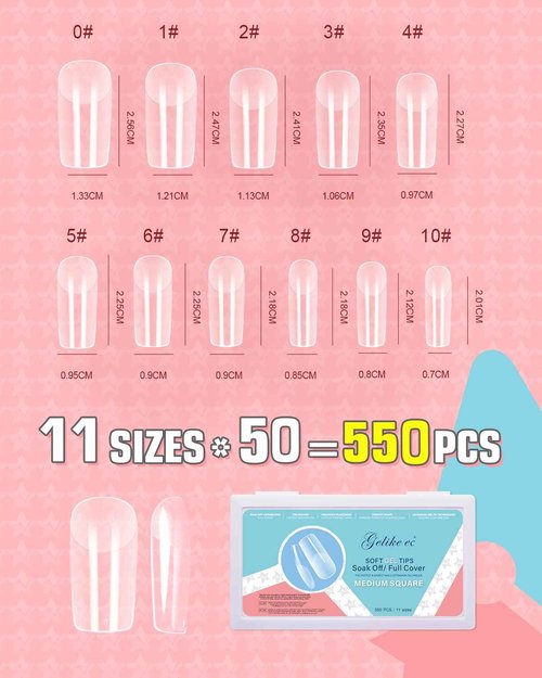 Gelike EC Medium Square Soft Gel Full Cover Tips Kit with 6 in 1 Nail Glue Gel