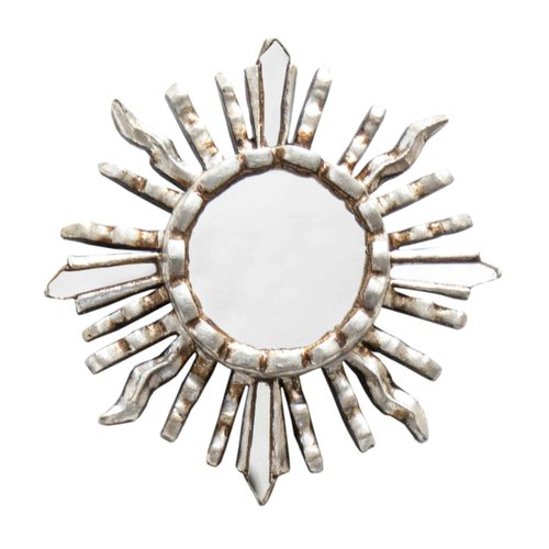 DecorContreras Peruvian Sunburst Small Wall Mirror 6" - Handmade Antique Silver Leaf on Mohena Wood - Vintage Round Decorative Mirror for Gallery Wall (Silver)