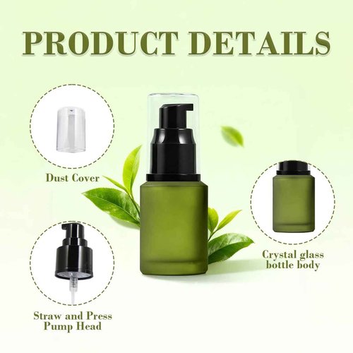 VASANA 1PCS 30ml/1oz Empty Refill Frosted Green Glass Cream Lotion Pump Bottle Cosmetic Makeup Emulsion Toiletries Liquid Storage Holder Travel Packing Container With Clear Dust Cap (30ml Green)