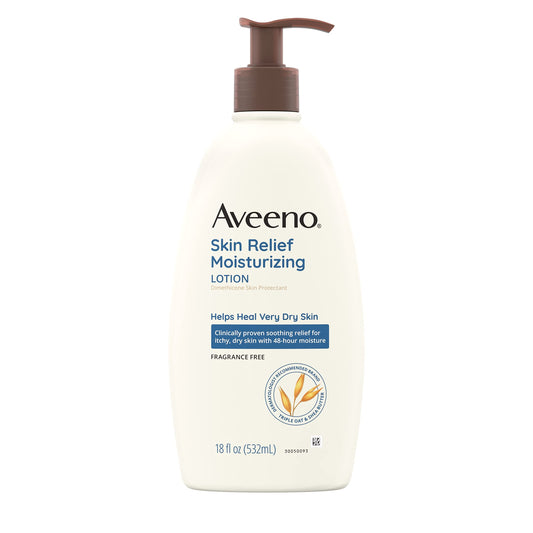 Aveeno Skin Relief Fragrance-Free Moisturizing Lotion for Sensitive Skin, with Natural Shea Butter & Triple Oat Complex, Unscented Therapeutic Body Lotion for Itchy, Extra-Dry Skin, 18 fl. oz