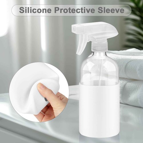 Worldgsb 2 Pack Glass Spray Bottles with Silicone Sleeve, 16 oz Empty Refillable Containers with Adjustable Spray Nozzles, Spray Bottles for Hair, Cleaning Solutions and Plants White