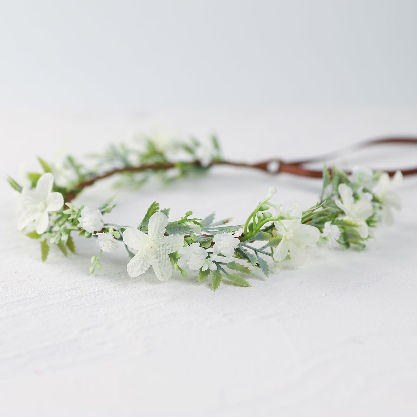 KorViSHOW Handmade White Flower Crown Green Leaf Headband Floral Headpiece Fairy Hair Wreath Flower Hair Accessories for Girls Weeding Bride Cosplay Party