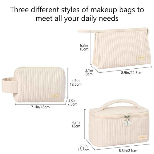 Linpr 3 Pcs Makeup Bag Set, Portable Waterproof PU Striped Leather Toiletry Bags, Cute Travel Cosmetic Organizer for Women and Girls (White)