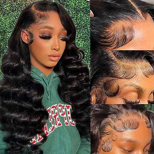 34 Inch Body Wave Lace Front Wigs Human Hair Pre Plucked 13x4 Frontal for Women 180 Percent Density Glueless Transparent HD with Baby 1B