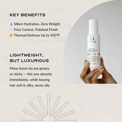 The Cleanest Lab Leave-In Conditioner Mist Spray. Dry & Damaged Hair Treatment. Miracle Hydration Heat Protectant. De-Frizz & Detangles. Add Volume & Prime for Style. 3.6 Fl. Oz