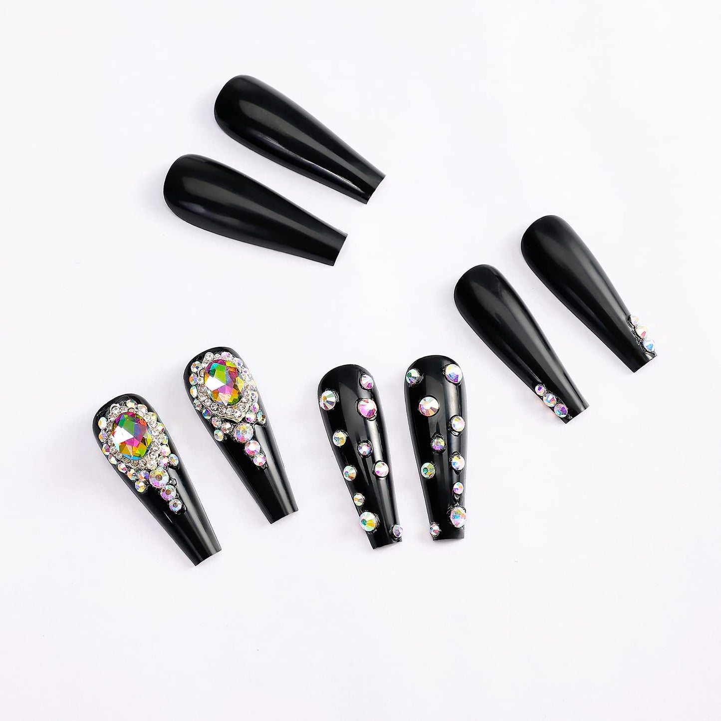 Artquee 24pcs Press on Nails Luxury Gem Black Ballerina Rhinestones Long Coffin Glossy Fake Nails False Tips Manicure for Women