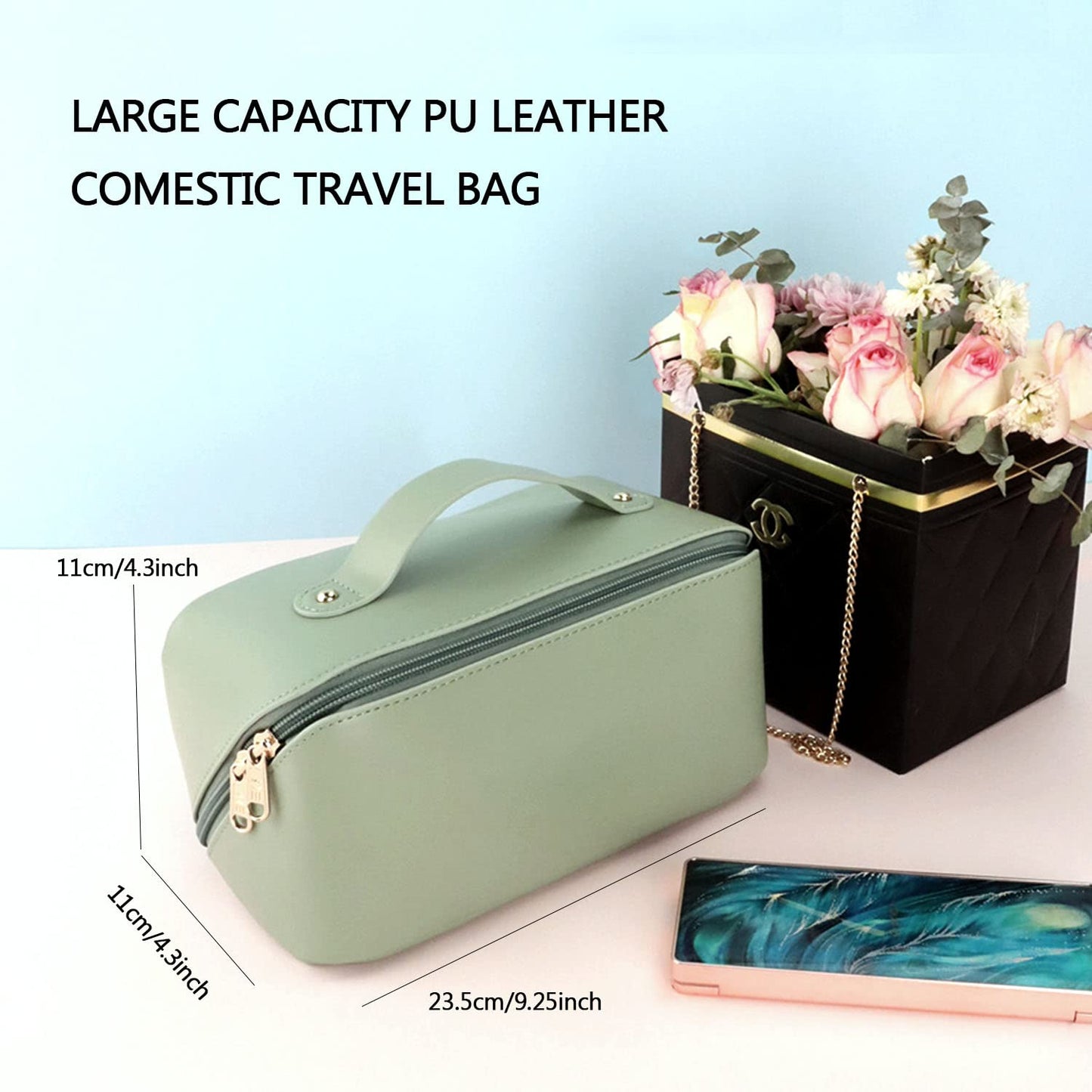 Large Capacity Cosmetic Bag, Travel Cosmetic Storage Bag with Handle, Portable Zipper Cosmetic Bag Toiletry Bag Makeup Bag Large with Compartments for Women Girls