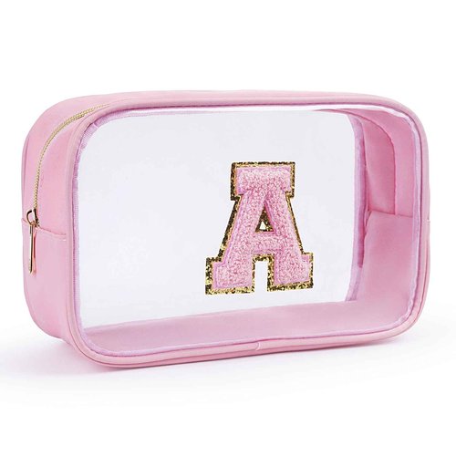 Ausolphia Personalized Initial Letter Makeup Bag Clear Preppy Cosmetic Pouch Waterproof Zipper Beach Travel Toiletry Bag Organizer for Women Pink A