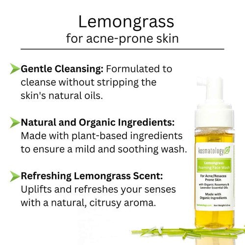 kosmatology Lemongrass Organic Foaming Face Wash – 6 fl oz | Natural Acne Treatment for Oily & Rosacea-Prone Skin | Gentle Cleanser with Rosemary & Lavender | Vegan & Cruelty-Free