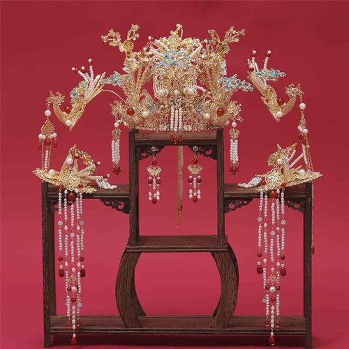 Chinese Wedding Bride Hair Accessory Chinese Crown Wedding Hair Accessories Golden Flower Floral Beaded Flapper Headband Jeweled Bridal Wedding Tiara (Phoenix)