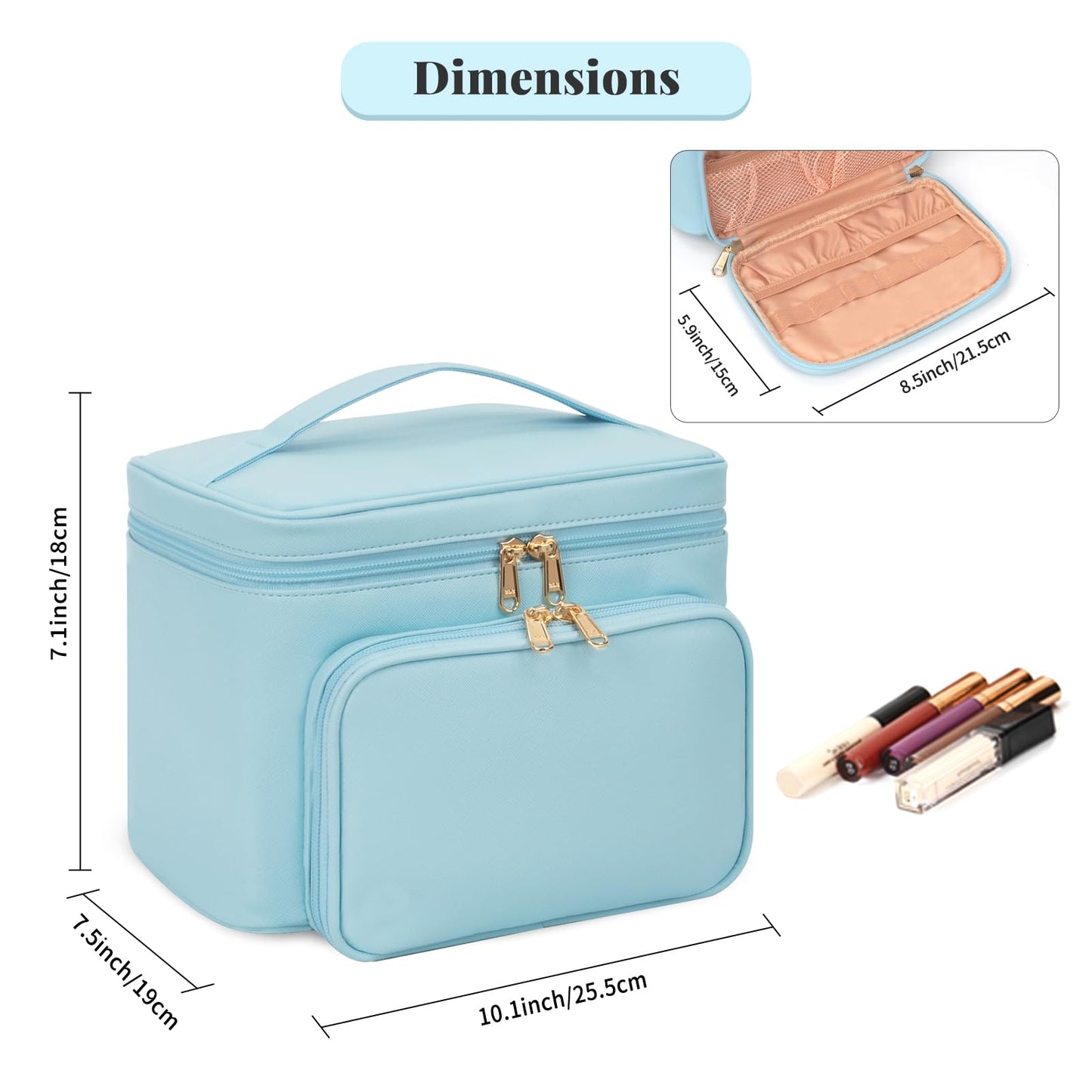 Bagmoly Large Makeup Bag, Portable Travel Makeup Bag for Women Girls with Makeup Brush Compartment, Stylish Makeup Bag Organizer Cosmetic Case With Handle and Divider - Lake Blue