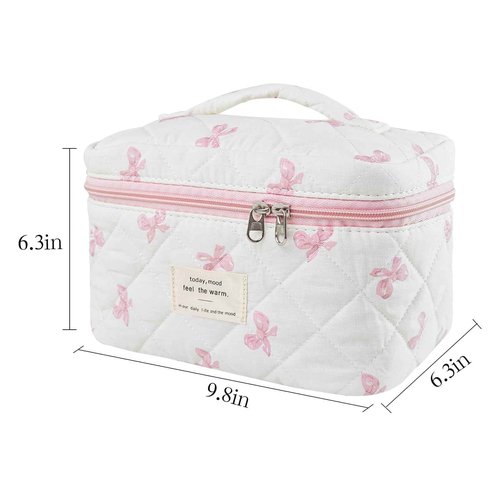 GISMTR Makeup Bag, Quilted Bow Cosmetic Bag, Large Travel Aesthetic Make up Bag, Cute Coquette Toiletry Bag for Women Girls