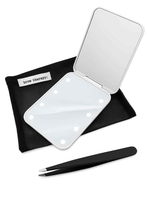 Brow Therapy LED Lighted Compact Mirror & Tweezer Set – 1x/3x Magnification, Battery Operated, Bright Light – Stainless Steel Slant Tip Tweezer with Travel-Size 4x5 Mesh Zipper Bag