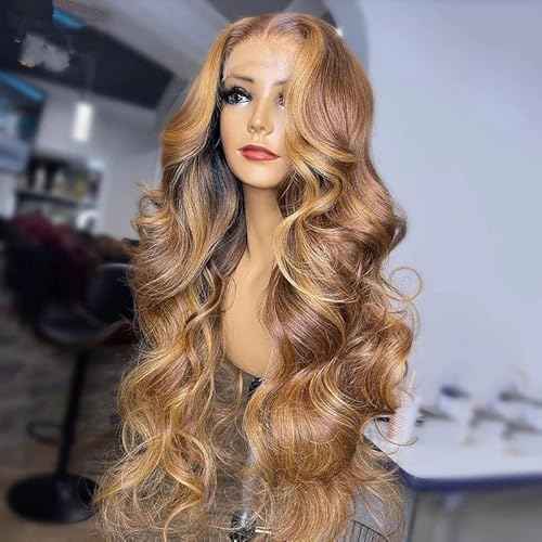 Body Wave Style Highlight Ombre Lace Frontal Wig Human Hair Wigs #4/27 Brown with Honey Blonde Color for Black Women Pre Plucked Hairline 180% Density (24inch, 13x6 Lace Front Wig)