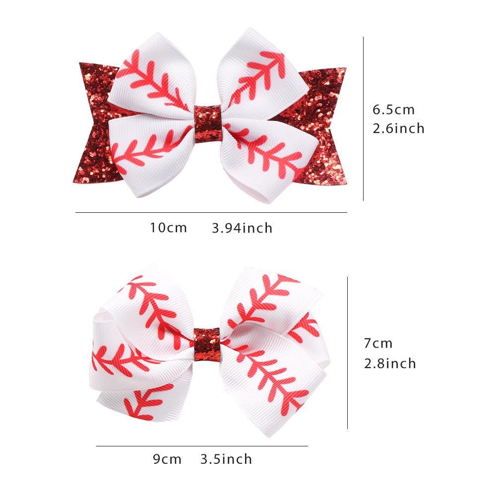 BBTDIN White Softball Hair Clips Bow (B2-Set 2 Pcs) - Hair Clip for Cheer Girls with Grosgrain Ribbon, Large 8 Inch Bow, 1.97 Inch Hair Ring, Fits 3-15 Year Old Kids & Teens