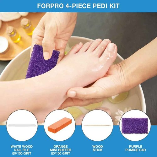 ForPro 4-Piece Pedi Kit, 100-Count, Individually-Packed Pedicure Set, Purple Pumice Pad, White Wood Nail File 80/100 Grit, Orange Mini Buffer 80/100 Grit, Wood Stick