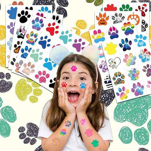 96PCS Dog Cat Paw Print Pre-Cut Temporary Tattoos for Kids Themed Birthday Party Decorations Supplies Decor Favors Super Cute Animal Tattoo Stickers Gifts for Games Boys Girls Rewards