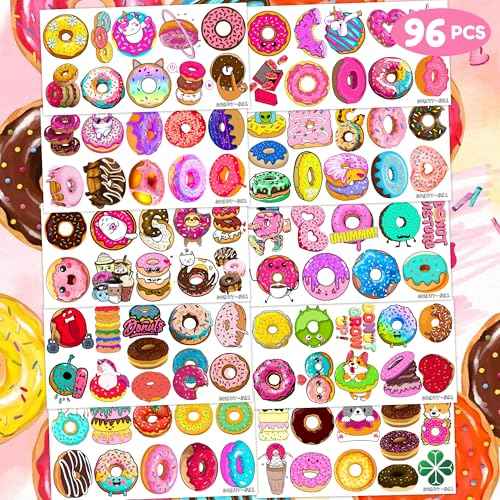 96PCS Donut Temporary Tattoos ? Doughnut Themed Two Sweet or Donut Grow Up Birthday Party Decorations, Favors, and Supplies for Kids Boys Girls, Cute Stickers, School Prizes and Rewards