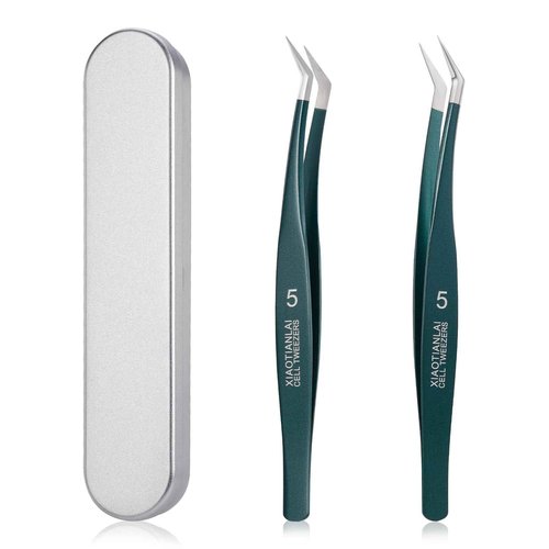 FYB Pointed Tweezers, Professional Lash Extension Tweezers, Lash Tweezers, Fine Point Precision Hair Removal, Stainless Steel Eyelash Tweezer (Dark Green 2 Pcs)