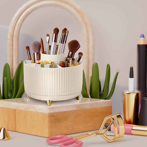 PILOMA Makeup Brush Holder Organizer – 360° Rotating Makeup Brush Organizer - 5 Large Compartment Cosmetic Organizer -Eyeliner, Nail Polish, Art Supply, Bathroom Vanity Desktop Organizer (Cream)