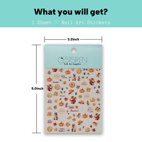 CESTSIREN Fall Squirrel Nail Art Stickers, Maple Leaves Nail Decals, Self-Adhesive,Autumn Nail Accessories & Supplies, Durable & Long-Lasting