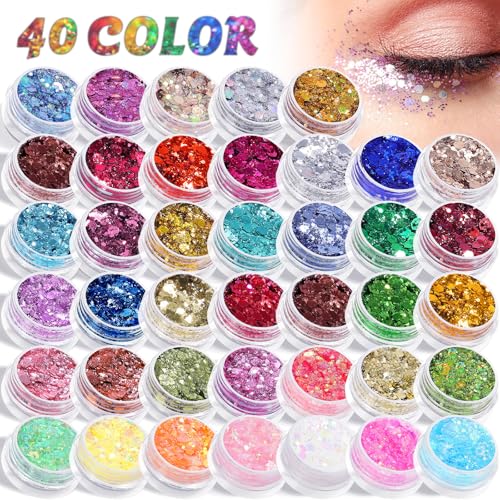 AROIC 40 Colors Body Glitter, Hair Glitter for Kids Women Makeup, Glow in The Dark, Eyeshadow Hair Gel Face Sparkles, Body Makeup for Festivals, Raves, Anime Cosplay, Concerts Festival Face Paint