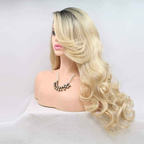 xiweiya Long Ombre Blonde Lace Front Wig with Dark Roots 2 Tones Mixed Blonde Body Wave 13x3 Lace Front Wigs Side Part Heat Resistant Fiber Wig Hair Replacement for women 24inch