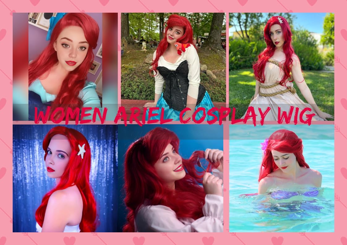 Red Mermaid Wigs for Women, Long Red Body Wave Wig+ Wig Cap for Little Mermaid Costume Halloween Cosplay