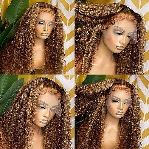 28 Inch Ombre Highlight Lace Front Wigs Human Hair Deep Wave 13x6 Transparent Lace Front Wigs 4/27 Ombre Human Hair Wet and Wavy Curly Glueless Wig Pre Plucked with Baby Hair 180% Density