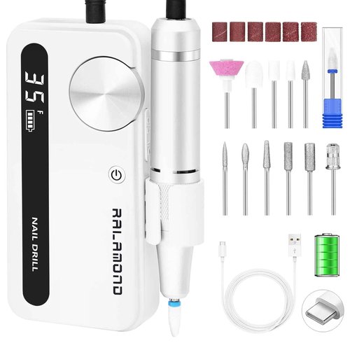 RALAMOND Professional Nail Drill, 35000RPM Electric Nail File, Rechargeable Cordless Machine, Nail Drill Kit with Bits, Portable Electric Nail Filer Manicure Pedicure (White)