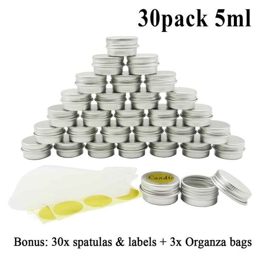 Wopanxye 30 pack 5ml Round Lip Balm Tin Cans, 5g Aluminum Makeup Sample Containers with Screw Lid, Empty Silver Metal Tins Pot Storage Travel Tin Jars for Cosmetic, Cream, Candle, Tea, 5 Gram Tins