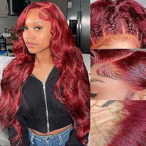 220% Density 99J Burgundy Lace Front Wigs Human Hair Pre Plucked Hairline Body Wave Glueless 13¡¿4 HD Transparent Wigs for Women Human Hair Wine Red Colored (24 inch, 99j)