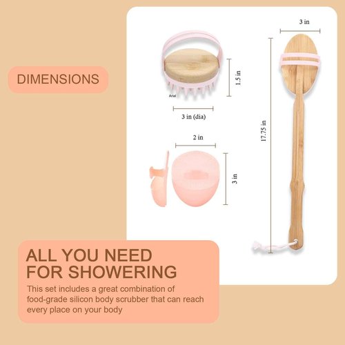 KUBBA- Bath Silicon Scrubber Kit Including Scalp, Body, Back, and Face Massager/Scrubber- Gentle Skin Exfoliating- Extra Hygienic, Easy to Clean, Long Lasting (Pink)