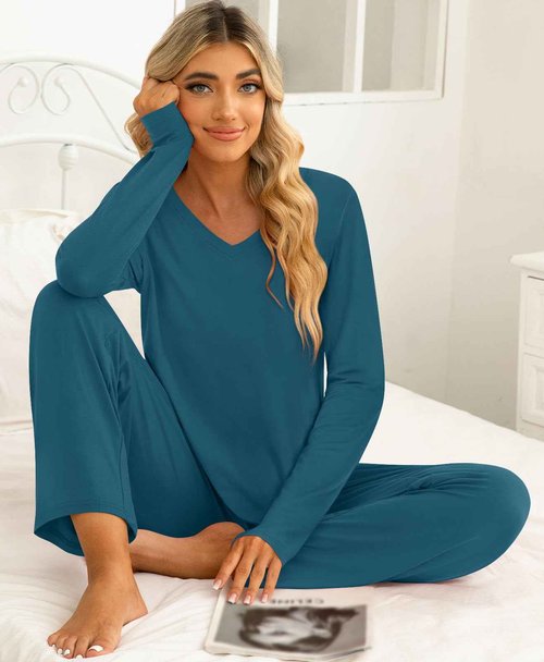 syoss Womens Pajamas Set 2 Piece Fall Long Sleeve Lounge Sleepwear Ladies Pjs Sets with Pockets M, Grayish blue