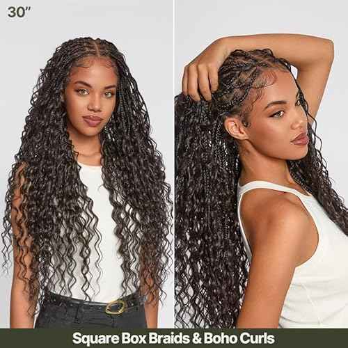 Frodio Braided Wig Veralux¢â Fiber Full Lace Boho Curly Water Wave Synthetic Box Braided Wigs For Black Women Salon-Level 200% Density Bohemia Natural Scalp 30 Inches