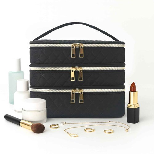 Apxouans Travel Makeup Bag for Women Three Layer Large Cosmetic Case Water-resistant Toiletry Bag Organizer for Store Toiletries Cosmetic Accessories and Manicure Sets Black