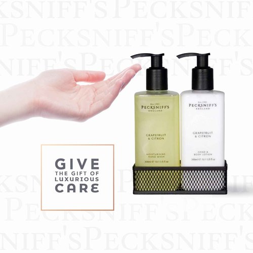 Hand Wash & Body Lotion Caddy Set (Grapefruit & Citron) - 10.1 Fl Oz Each - Gentle Cleanser for Sensitive Skin - Moisturizing & Hydrating Hand Cream - All Natural Cruelty Free Body Wash - Pecksniff’s