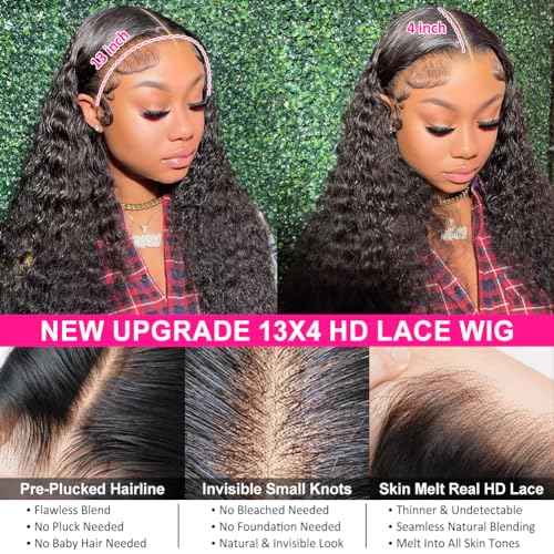 Pizazz Deep Wave Lace Front Wigs Human Hair Pre Plucked180 Density 13x4 HD Lace Frontal Human Hair Wigs with Baby Hair (16 Inch, Black color)