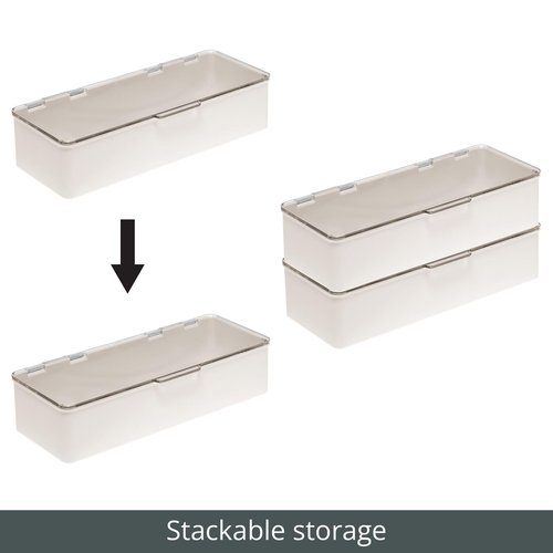 mDesign Long Plastic Cosmetic Storage Organizer Box Containers, Hinged Lid for Bedroom, Bathroom Vanity Shelf or Cabinet, Holds Masks, Palettes, Lotion, Nail Polish, 2 Pack, Cream/Beige/Clear
