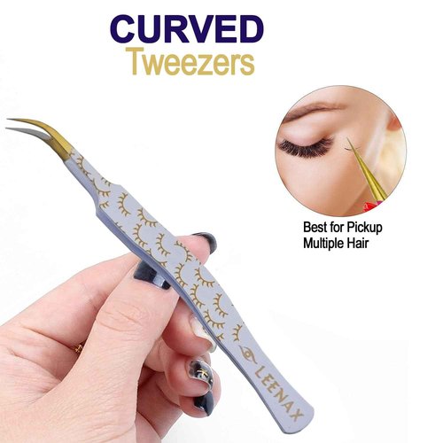 Leenax Professional 2-Piece Eyelash Extension Tweezers Set – Premium Stainless Steel Precision Tweezers with Anti-Slip Grip with Fiber Tips (White)