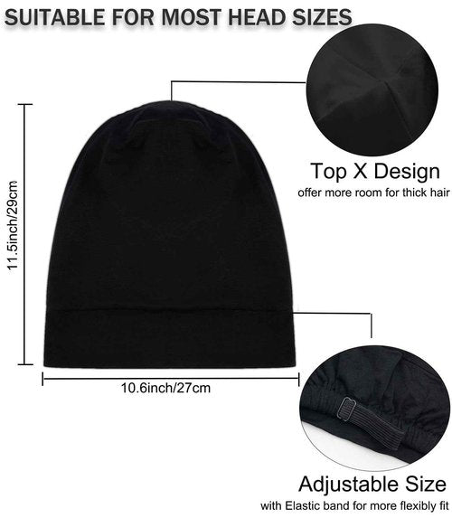 Sleep Cap Bonnet for Sleeping Black Women, Adjustable Cooling Ice Silk Lined Bonnet for Curly Braids Hair Cover Stay on All Night Cap Beanie Hat Black